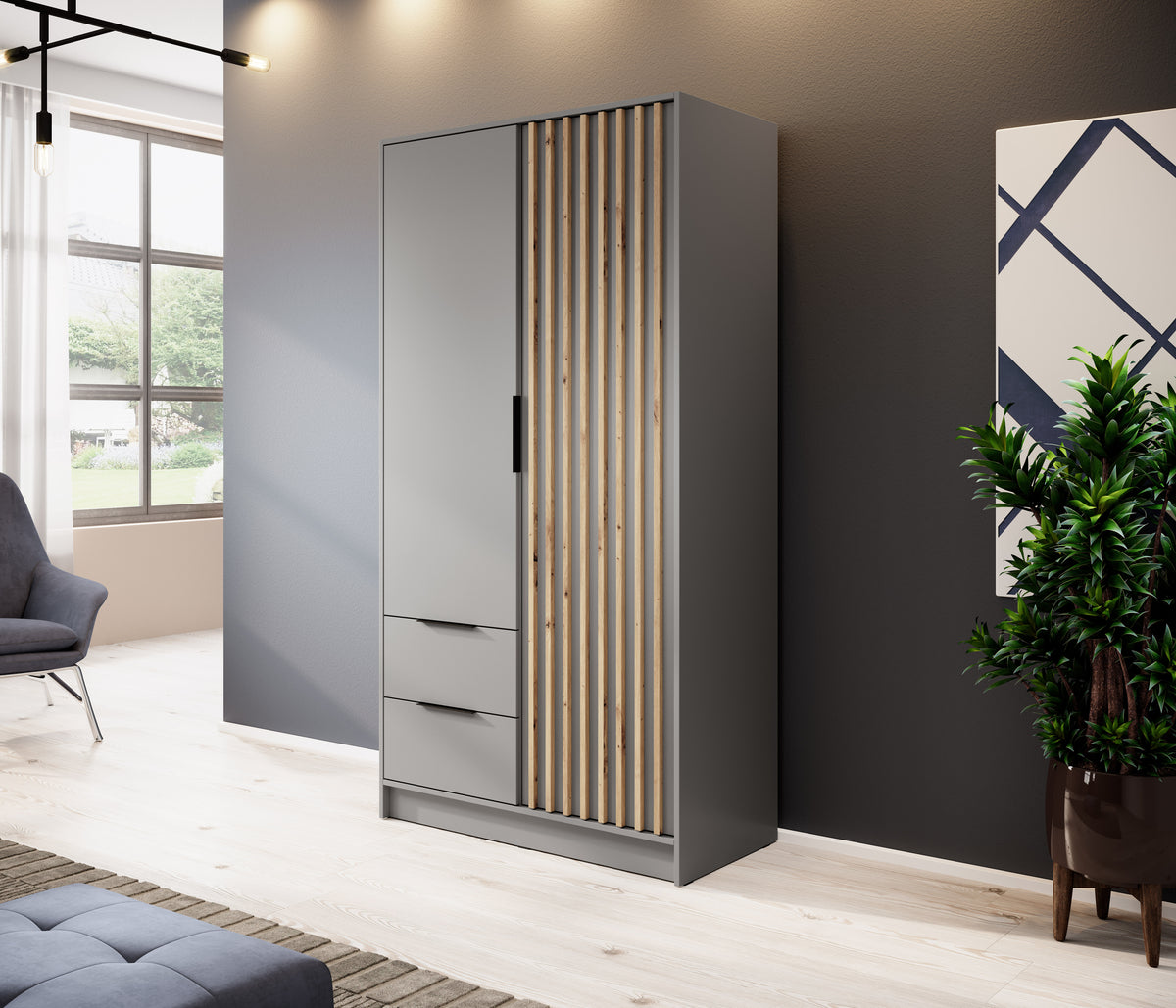 Grey 2-door wardrobe with vertical slatted door panel and bar handle, front view