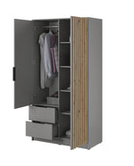Two-door wardrobe with mirror, open compartments with hanging rail, shelves, and drawers.
