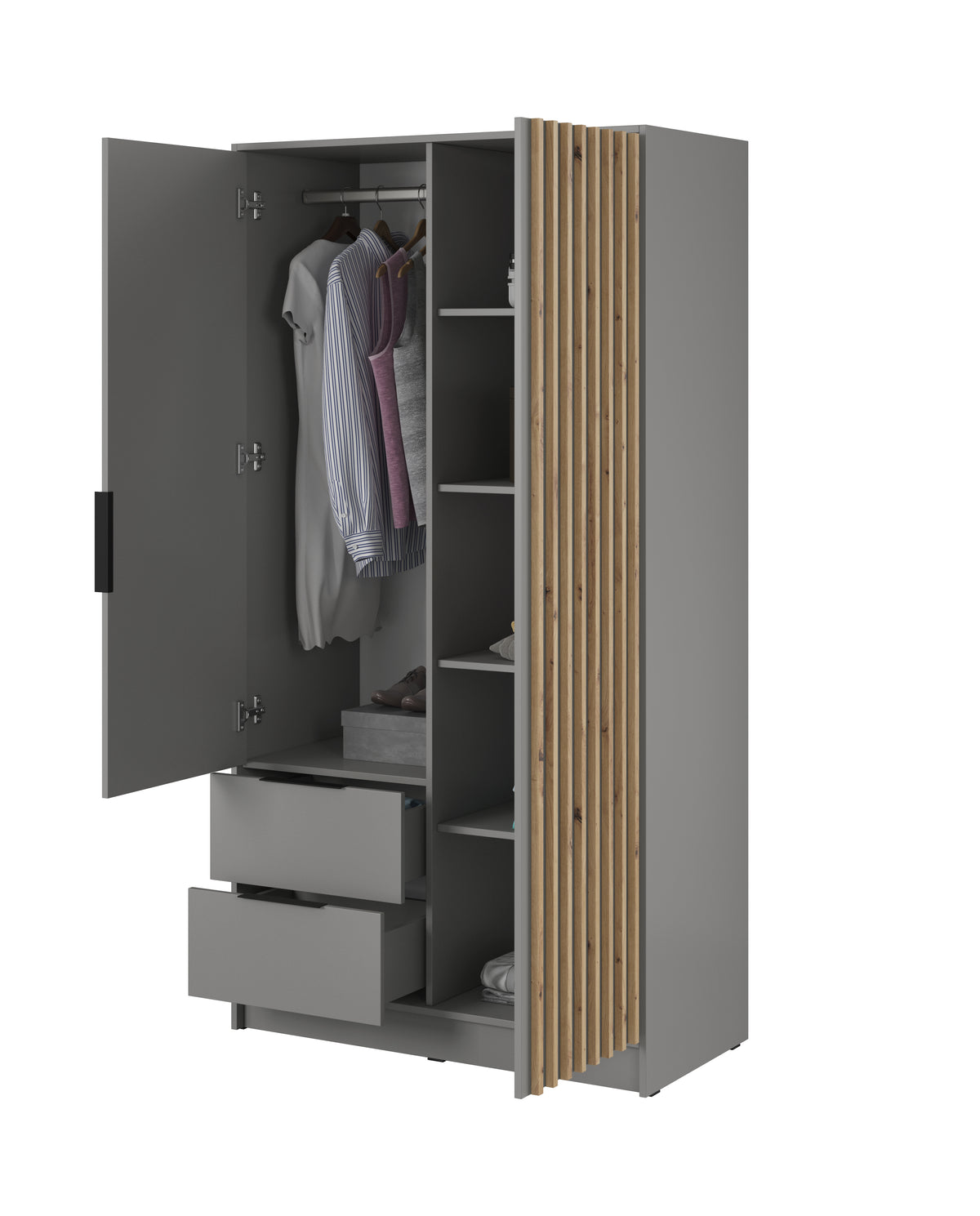 Two-door wardrobe with mirror, open compartments with hanging rail, shelves, and drawers.