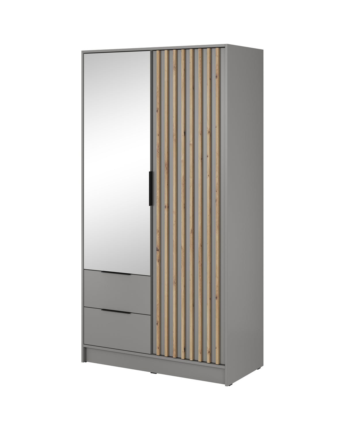 Two-door wardrobe with mirror; light cabinet with vertical slat detail and two drawer fronts.