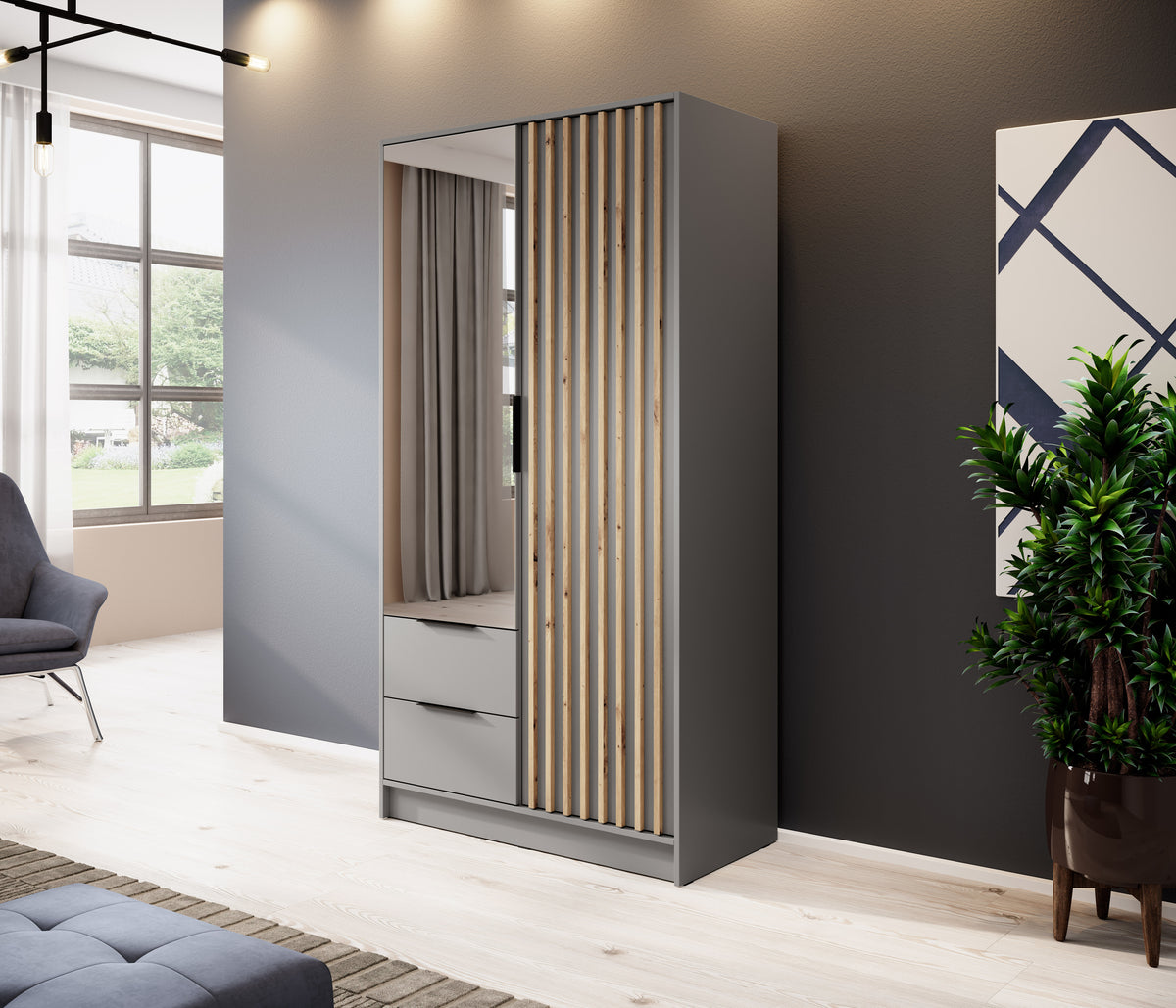Two-door wardrobe with mirror and vertical slat panel; side-by-side lower drawers visible.