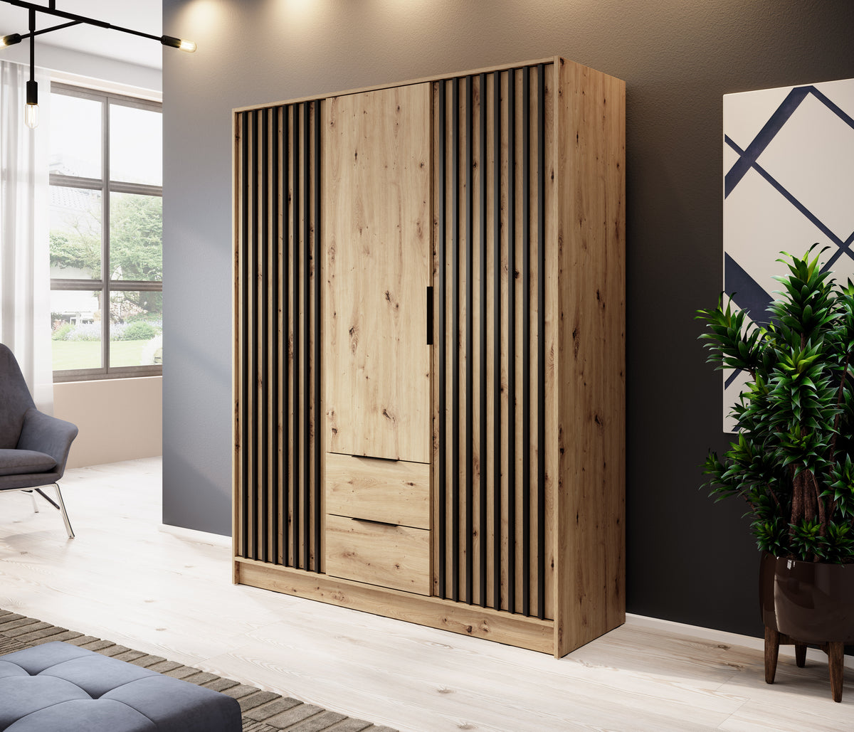 Oak 3-door wardrobe with vertical slat panels, central door, and two drawer fronts
