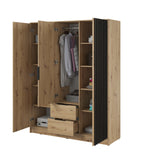 3-door wardrobe with mirror, open interior storage and shelves in light wood finish