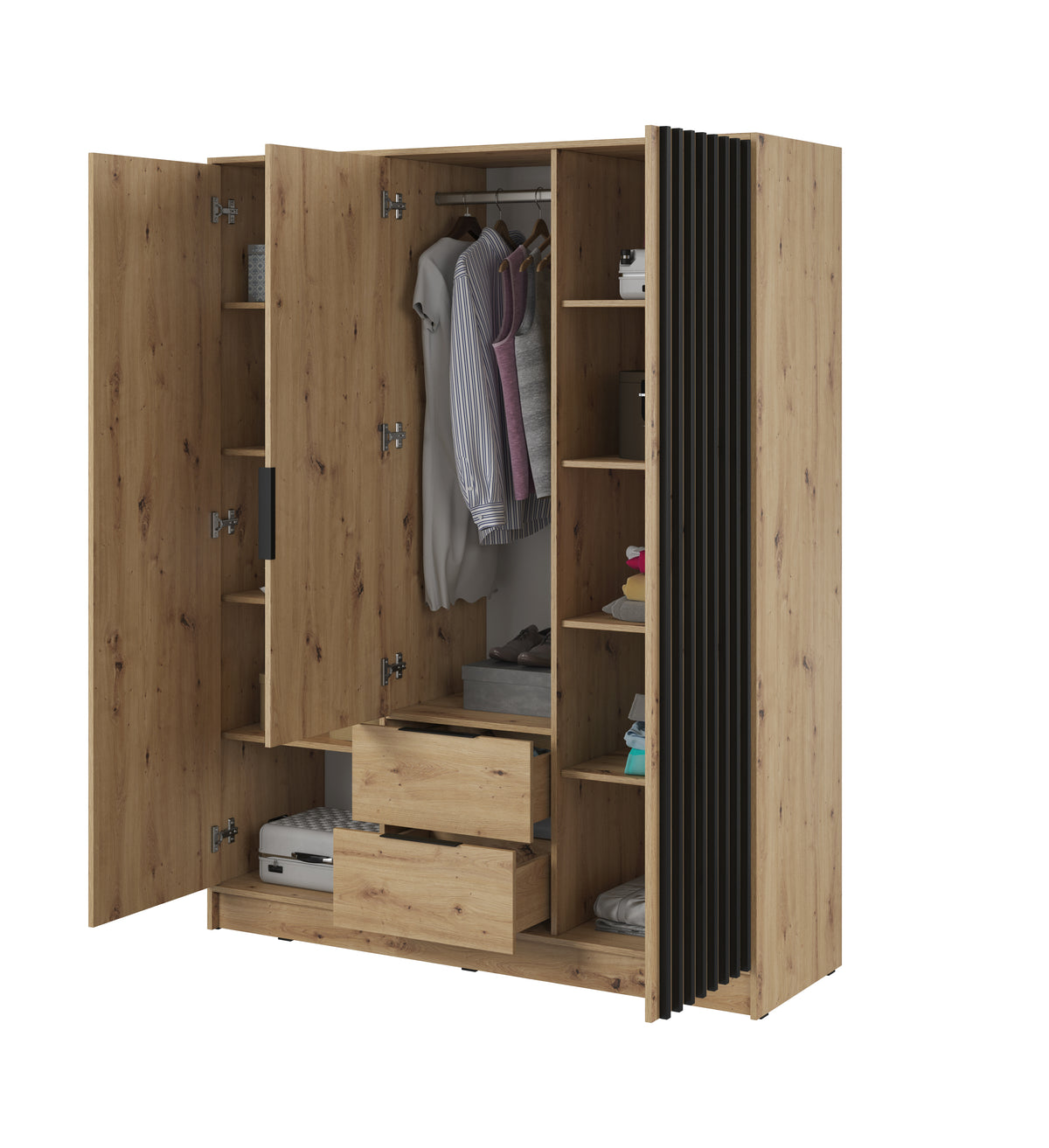 3-door wardrobe with mirror, open interior storage and shelves in light wood finish