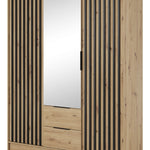 3-door wardrobe with mirrored door and vertical slats, light wood finish