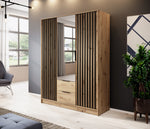 3-door wardrobe with central mirror and vertical slatted panels, light wood finish