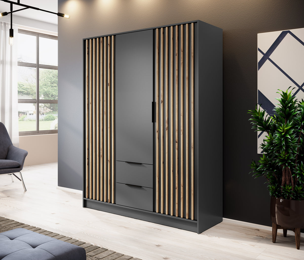 Graphite 3-door wardrobe with vertical slat panels, central door, and two drawer fronts