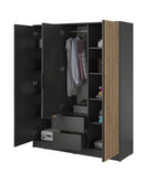 3-door wardrobe with mirror, open storage compartments and shelves in dark finish
