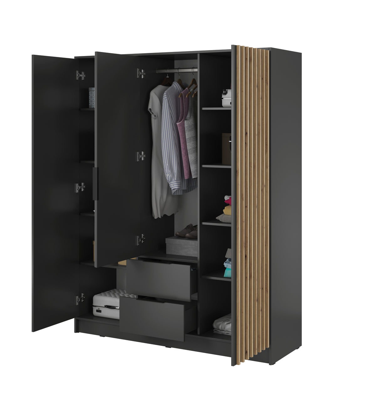 3-door wardrobe with mirror, open storage compartments and shelves in dark finish