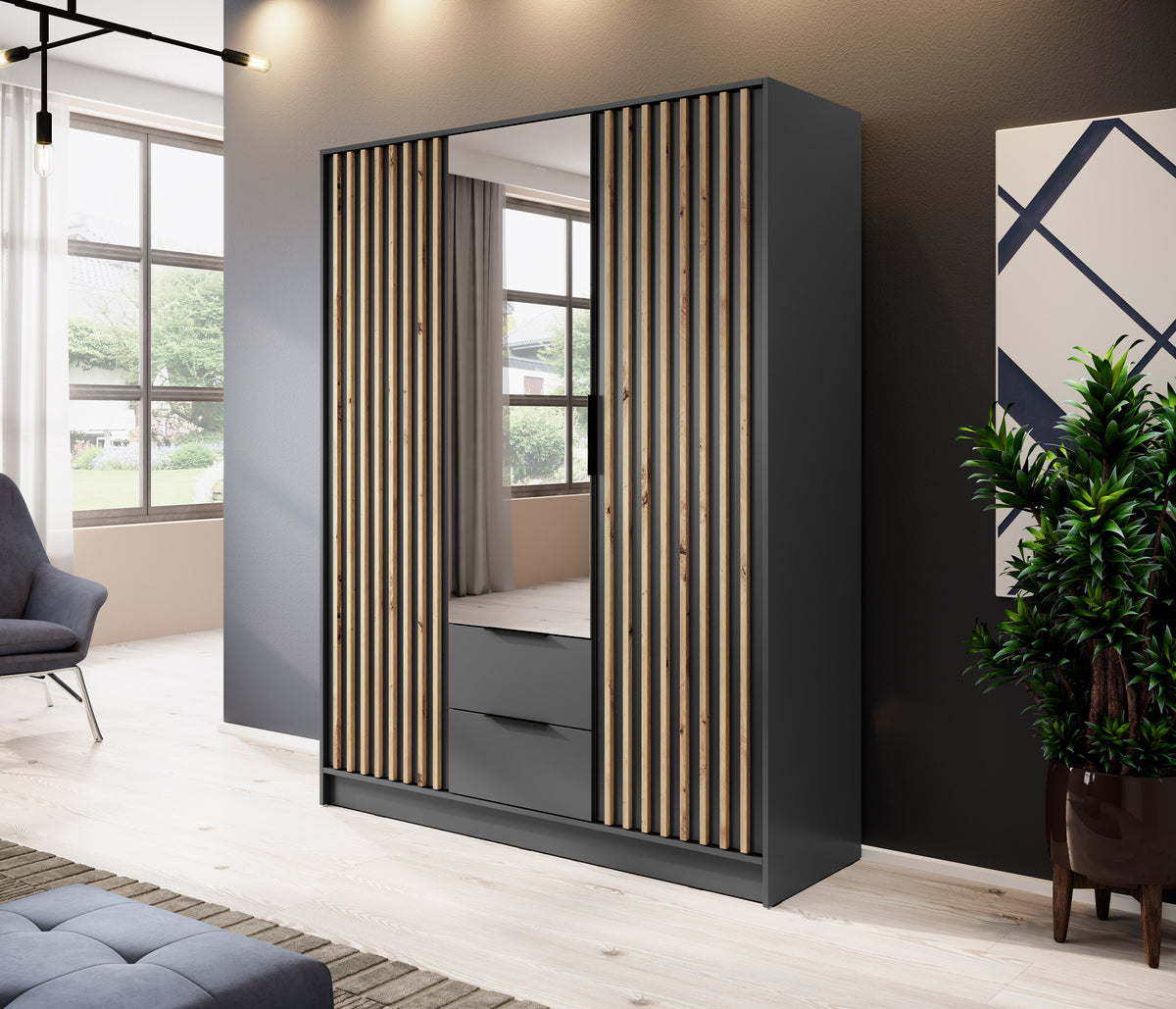 3-door wardrobe with mirror and vertical slatted panels, graphite dark finish