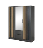 3-door wardrobe with central mirror and vertical slats, graphite dark finish