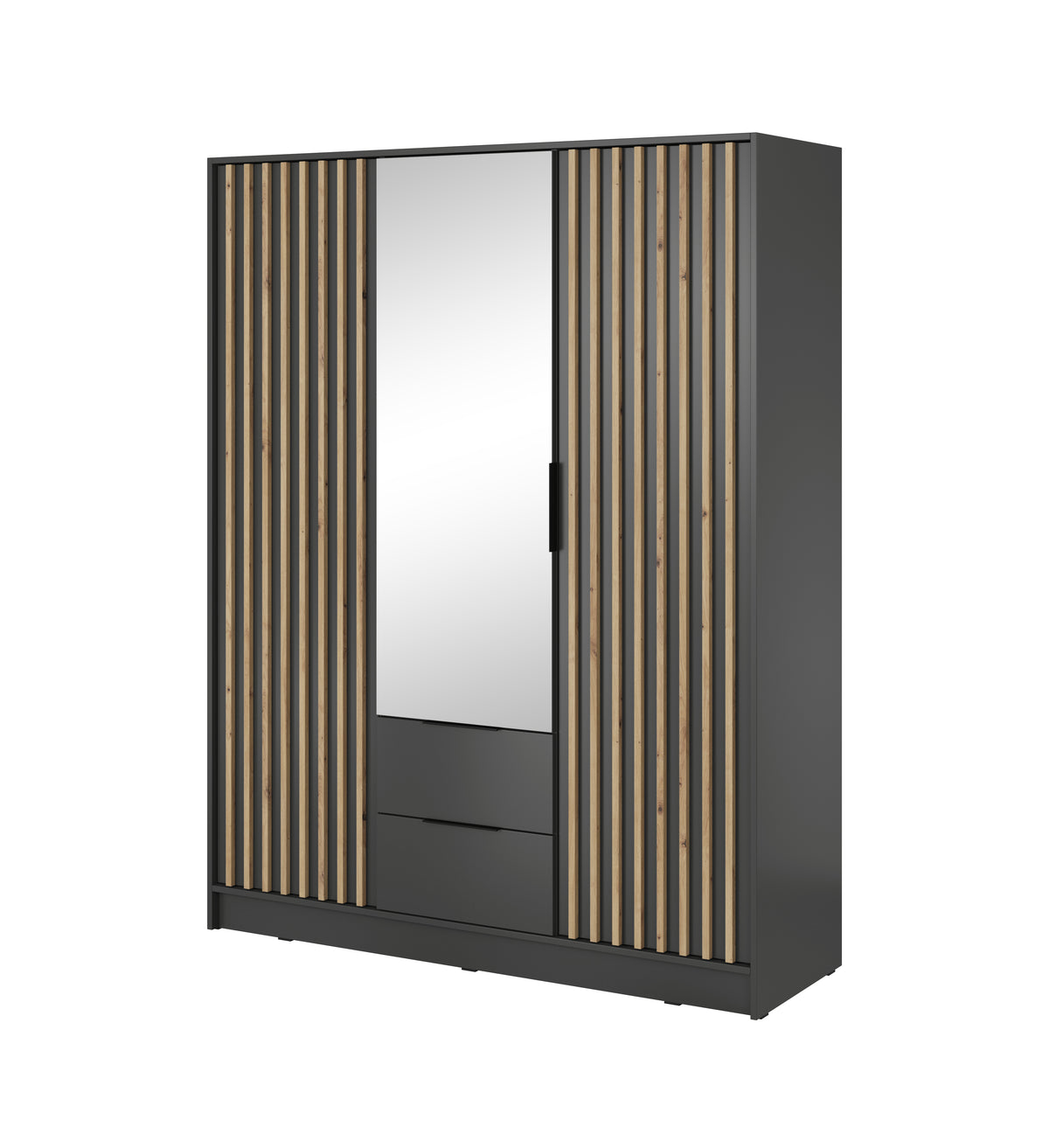 3-door wardrobe with central mirror and vertical slats, graphite dark finish