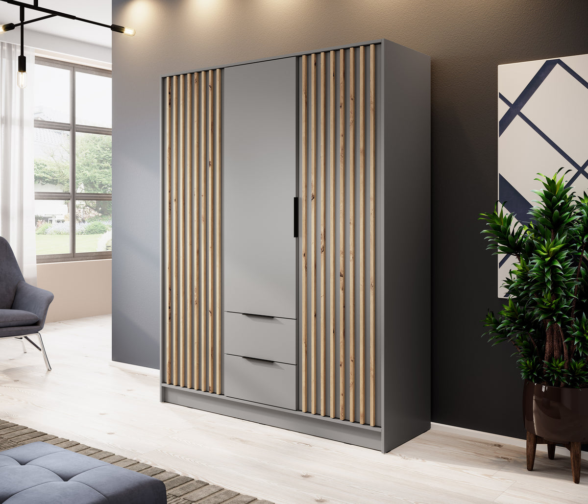 Graphite 3-door wardrobe with vertical slat panels, central door, and two drawer fronts