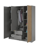 3-door wardrobe with mirror, open interior storage with hanging rail and shelves