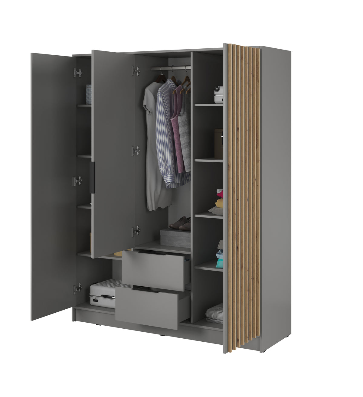 3-door wardrobe with mirror, open interior storage with hanging rail and shelves