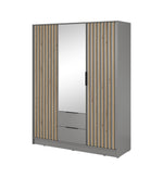 3-door wardrobe with mirror and vertical slatted doors, light grey finish