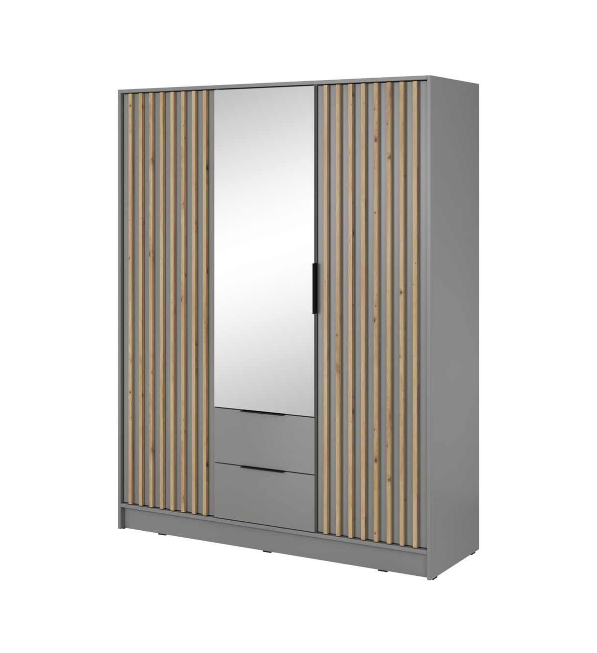 3-door wardrobe with mirror and vertical slatted doors, light grey finish