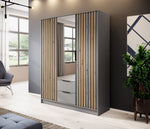 3-door wardrobe with mirrored door and vertical slats, dark finish in living room