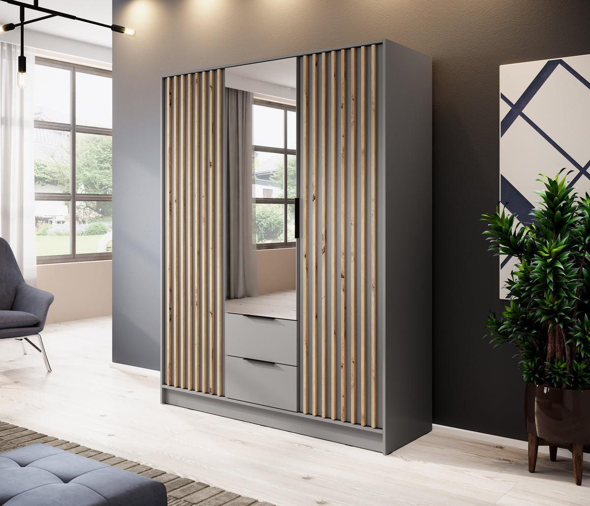 3-door wardrobe with mirrored door and vertical slats, dark finish in living room