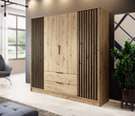 4-door wardrobe in light wood with black vertical slat panels and central handles