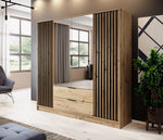 4-door wardrobe with mirrored double doors and wood slat accents, open storage drawers