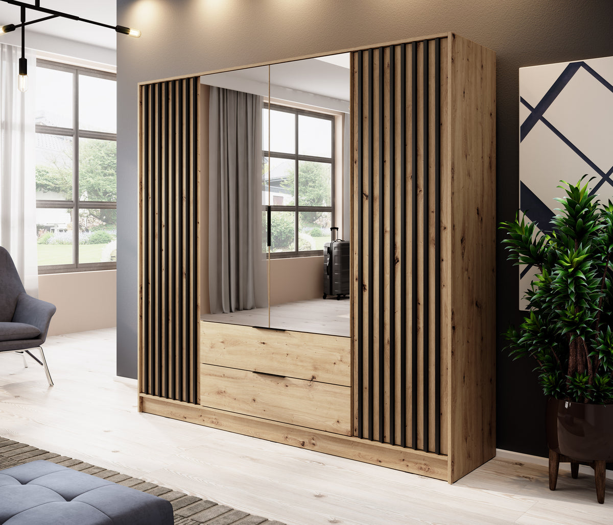 4-door wardrobe with mirrored double doors and wood slat accents, open storage drawers