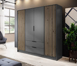 4-door wardrobe with dark grey doors, black trim, and vertical slat accent panels