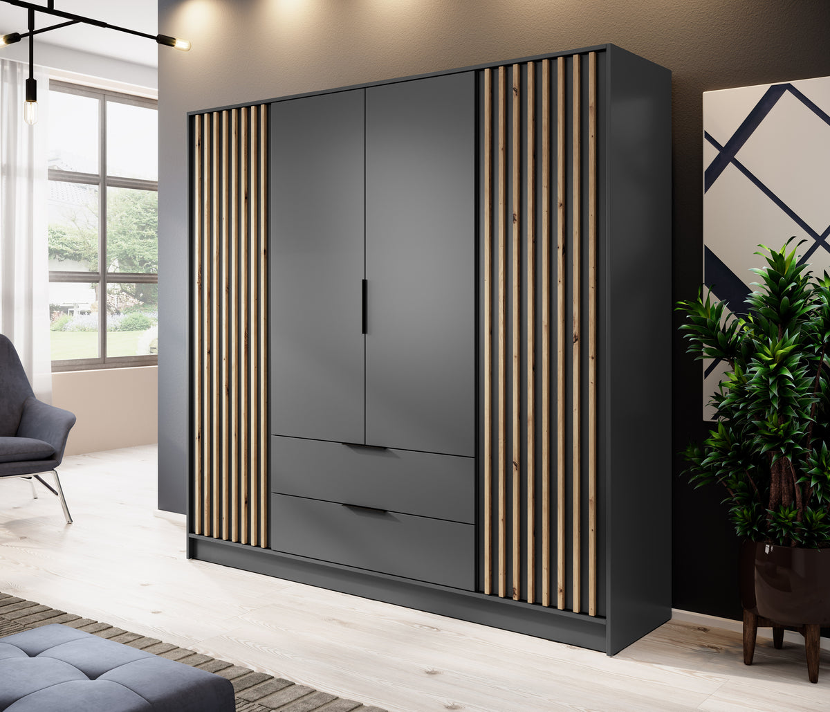 4-door wardrobe with dark grey doors, black trim, and vertical slat accent panels