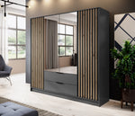 4-door wardrobe with mirrored double doors, graphite frame, and wood slat side panels