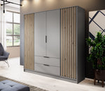 4-door wardrobe with dark grey doors and vertical wood slat side panels