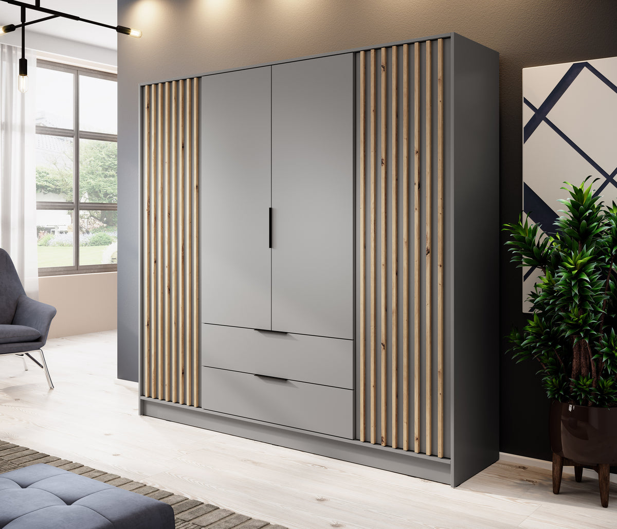 4-door wardrobe with dark grey doors and vertical wood slat side panels