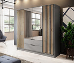 4-door wardrobe with mirrored double doors, graphite body with wood slat accents