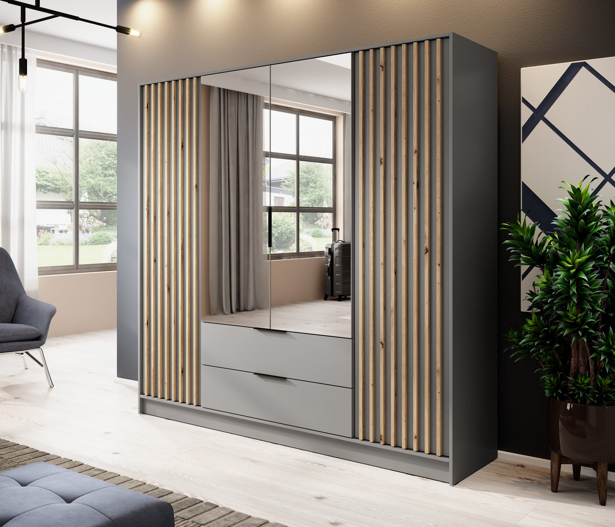 4-door wardrobe with mirrored double doors, graphite body with wood slat accents