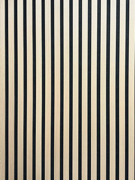 Acoustic wall panel with vertical natural oak wood slats for sound absorption