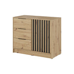 Light oak chest of drawers with three drawers and vertical black slat door panel