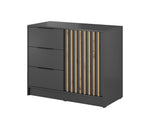 Graphite chest of drawers with three drawers and vertical gold-toned slat door panel