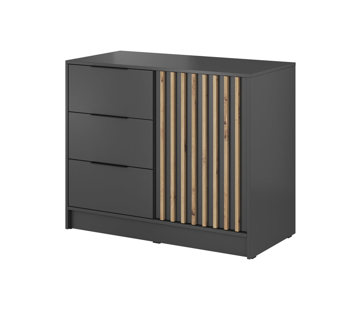 Graphite chest of drawers with three drawers and vertical gold-toned slat door panel