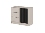 Grey chest of drawers with three pull-out drawers and vertical slatted cabinet panel