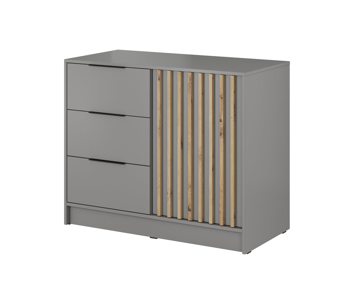 Grey chest of drawers with three drawers and vertical gold-toned slat door panel