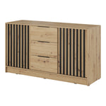 Chest of drawers with 2 doors and 3 drawers; light wood with dark vertical slats