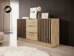 Chest of drawers with 2 doors and 3 drawers; light wood with dark vertical slats