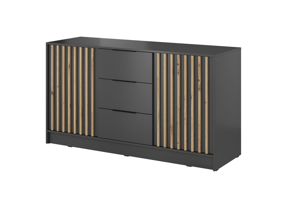 Chest of drawers with 2 doors and 3 drawers; dark grey with light wood slatted doors