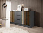 Chest of drawers with 2 doors and 3 drawers; graphite grey with light wood slatted panels