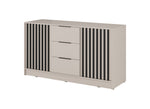 Chest of drawers with 2 doors and 3 drawers; light grey with black vertical slats