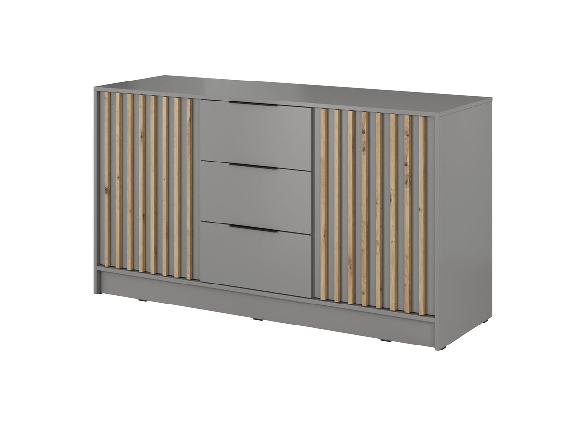 Chest of drawers with 2 doors and 3 drawers; dark grey with light wood vertical slats