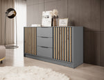 Chest of drawers with 2 doors and 3 drawers; graphite grey with light wood slats