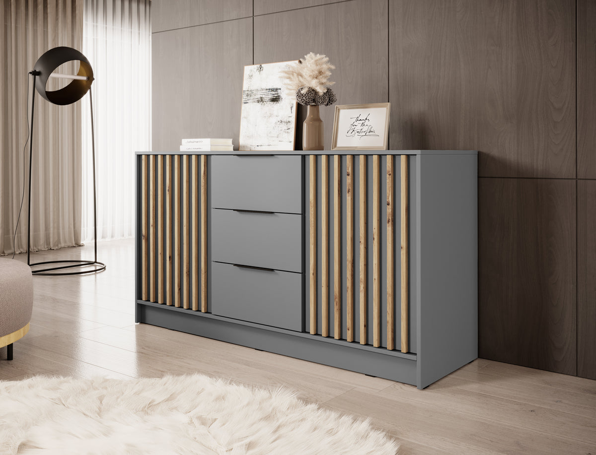 Chest of drawers with 2 doors and 3 drawers; graphite grey with light wood slats