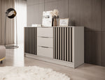 Chest of drawers with 2 doors and 3 drawers; light grey with black slatted panels