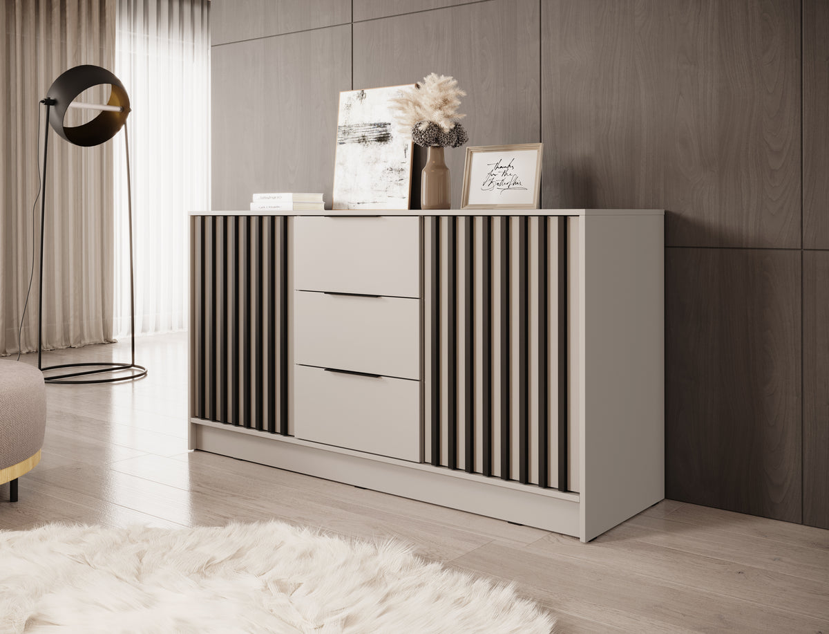 Chest of drawers with 2 doors and 3 drawers; light grey with black slatted panels