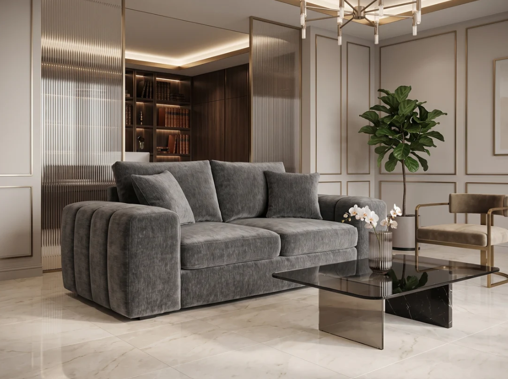 2-seater sofa in dark gray fabric with deep seat and channel-style armrests